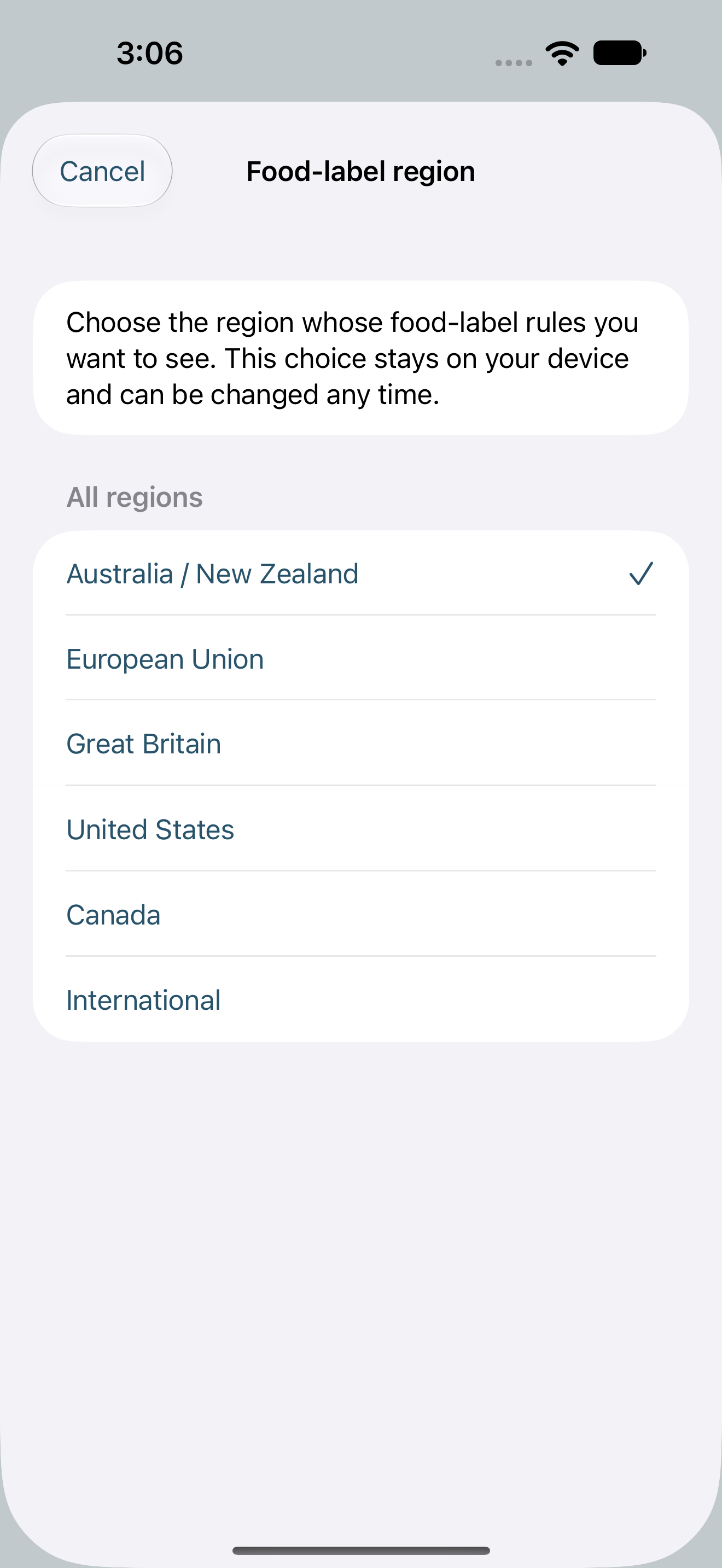 Food-label region selector
